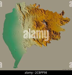 Form von Ta`izz, Gouvernement des Jemen, mit seiner Hauptstadt isoliert auf einem einfarbigen Hintergrund. Topografische Reliefkarte. 3D-Rendering Stockfoto